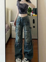 Women Y2k Streetwear Multi-Pocket Blue Denim Cargo Jeans Pants