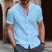 Retro Style Men's Casual Cotton Linen Shirt V-Neck Short Sleeve Shirts