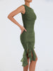 Elegant Ruffle Ruched Midi Dress Women Robe Backless Sleeveless Sexy Dress