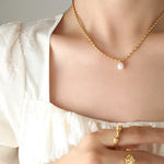 Luxury Pearl Pendant Rice Bead Chain Necklace Women Stainless Steel 18k Gold Plated Jewelry