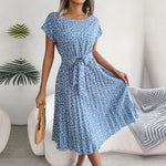 Floral Pleated Long Dress Women Short Sleeve High Waist Chic Dress