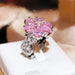 Exquisite Pink Flower Rings Silver Sparkling Cubic Zirconia Ring Women's Jewelry