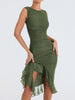 Elegant Ruffle Ruched Midi Dress Women Robe Backless Sleeveless Sexy Dress
