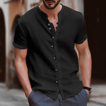 Retro Style Men's Casual Cotton Linen Shirt V-Neck Short Sleeve Shirts