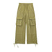 Women Beige Wide Leg Cargo Pants High Waist Multi-Pocket Trousers