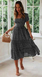 Women's Vestidos Dot Printed Puff Sleeve Beach Dresses Casual Maxi Dress