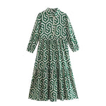 Women Vintage Geometric Print Pleats Casual Slim Ruffles Midi Shirt Dress