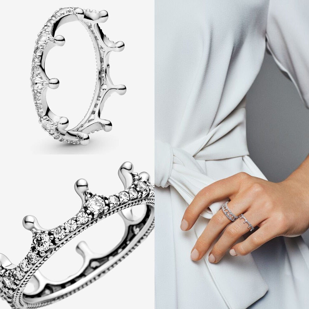 Sterling Silver Ring Princess Tiara Crown Sparkling Love Heart CZ Ring ...