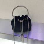 Tassel Evening Clutch Bag Women Luxury Designer Chain Metal Ring Handle Shiny Silk Bucket Purse
