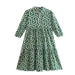 Women Vintage Geometric Print Pleats Casual Slim Ruffles Midi Shirt Dress