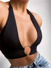 Sexy Deep Halter Backless Women Tank Tops Ring Patchwork Solid Female Vest