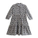 Women Vintage Geometric Print Pleats Casual Slim Ruffles Midi Shirt Dress