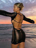Tassel Cut Long Sleeve Dress Women Mini Backless Bodycon Sexy Dress