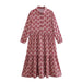 Women Vintage Geometric Print Pleats Casual Slim Ruffles Midi Shirt Dress