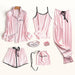 Women Pajamas Set Silk Summer Sexy Long Sleeve Shirt Pants Lingerie Striped Sleepwear