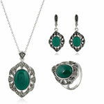 Unique Design Natural Green Stone Antique Fashion Vintage Jewelry Set With Necklace Earring Ring