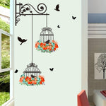 Colorful Flower Birdcage Flying Birds Wall Sticker Creative Home Decor Living Room Decals