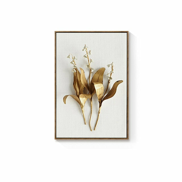 Golden Plant Leaves Flowers Wall Art Canvas Painting Nordic Decoration ...