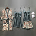 Women Silk Pajama Set With Chest Pads Flower Print Pajama Sleepwear 4 Pieces Set
