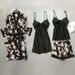 Women Silk Pajama Set With Chest Pads Flower Print Pajama Sleepwear 4 Pieces Set