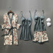 Women Silk Pajama Set With Chest Pads Flower Print Pajama Sleepwear 4 Pieces Set