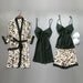 Women Silk Pajama Set With Chest Pads Flower Print Pajama Sleepwear 4 Pieces Set