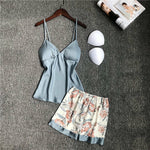 Women Silk Pajama Set With Chest Pads Flower Print Pajama Sleepwear 4 Pieces Set