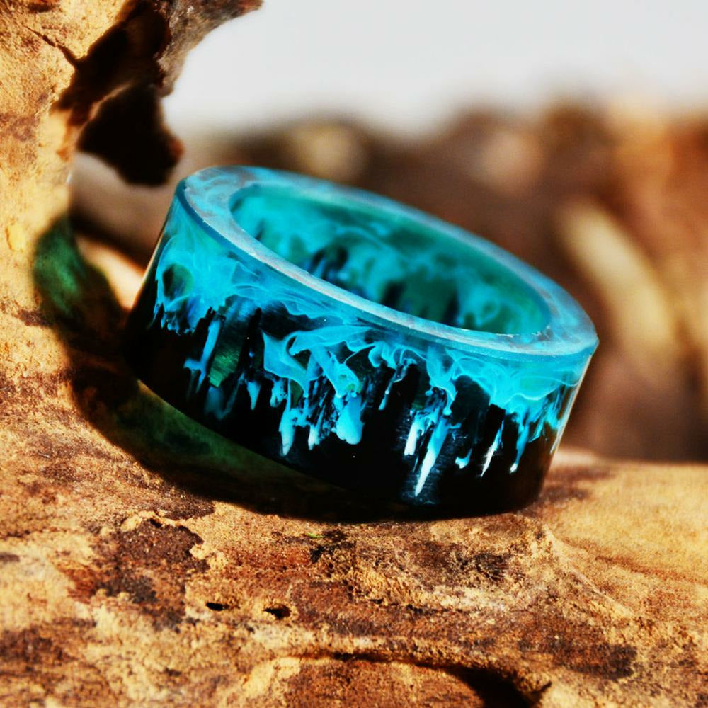 Wooden Blue Resin Rings Mountains Inside Magical World Landscape Rings ...