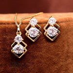 Women Elegant Wedding Crystal Jewelry Sets Gold Square Pendant Necklace Earrings Set