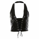 Fashion Punk Black Leather Crop Tops Women's Camisole Stretch Tees