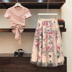 Women Irregular T Shirt+Mesh Skirt Bowknot Solid Tops Vintage Floral Skirt Set
