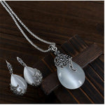 Vintage Water Drop Pendant Necklace Earrings Set  Women Silver Wedding Jewelry