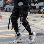 Men Hip Hop Black Cargo Pants Joggers Sweatpants Overalls Men Ribbons Streetwear