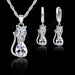 925 Sterling Silver  Cubic Zirconia Cat Kitty Necklace Pendant Earrings Jewelry Set