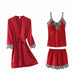 5PC Silk Robe Sleep Suit Women Lace Satin Gown Set V-Neck Nightwear Cami Pajama Set