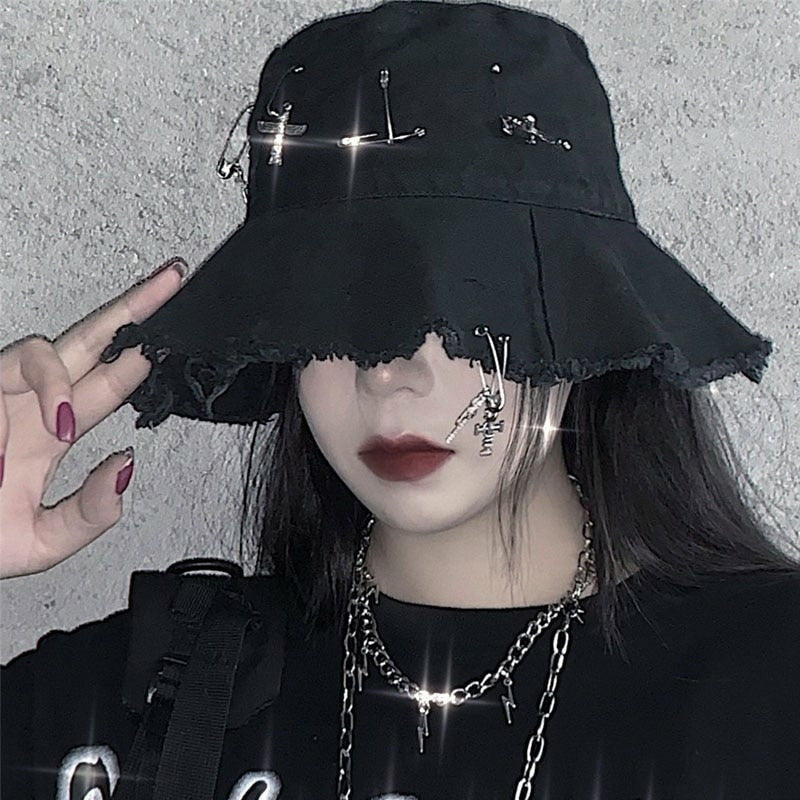 Goth Girl Hat Trendy High Street Hip Hop Pin Dark Cross Bucket Caps ...