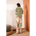 Pajamas Set Women Sleepwear Female Floral Printed Contrasting Color Pajamas Tops With Long Trousers