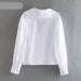 Women Sweet Pan Collar Lace Stitching Casual Shirts Puff Sleeve Chic Tops