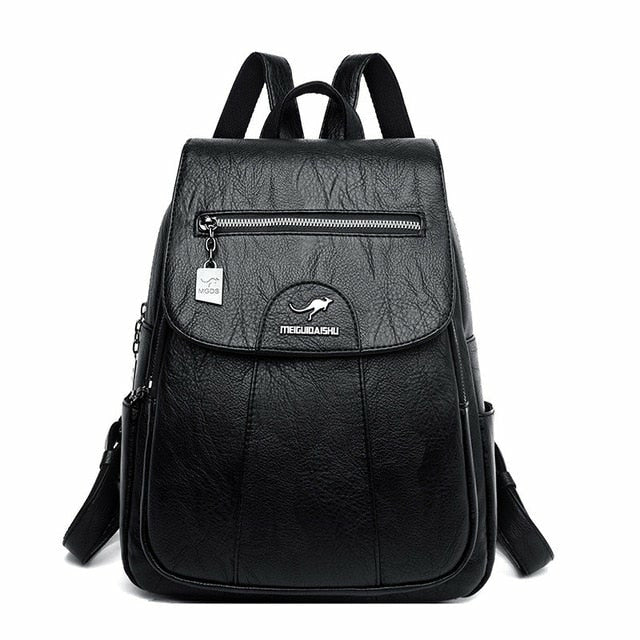 Women Leather Backpacks High Quality Vintage Designer Travel Backpack Black
