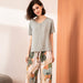 Pajamas Set Women Sleepwear Female Floral Printed Contrasting Color Pajamas Tops With Long Trousers