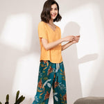 Pajamas Set Women Sleepwear Female Floral Printed Contrasting Color Pajamas Tops With Long Trousers