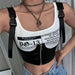 White Black Punk Print Crop Tops Women's Tank Tops Wild Casual Leather Tees