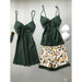Women Silk Pajama Set With Chest Pads Flower Print Pajama Sleepwear 4 Pieces Set
