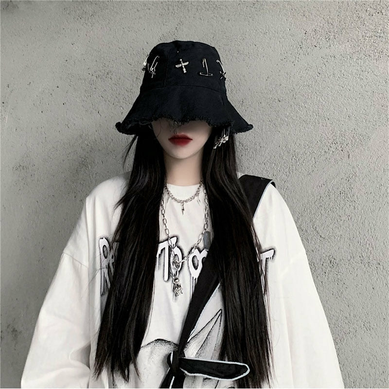 Goth Girl Hat Trendy High Street Hip Hop Pin Dark Cross Bucket Caps ...