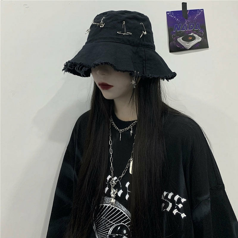 Goth Girl Hat Trendy High Street Hip Hop Pin Dark Cross Bucket Caps ...