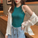 Women Crop Tops Off Shoulder Knitted Tank Tops O-Neck Sleeveless Solid Casual Tops