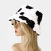 New Winter Cow Print Plush Bucket Hats for Women Men Outdoor Warm Hat