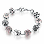 Silver Plated Charm Bracelet & Bangle Love and Flower Beads Women Jewelry
