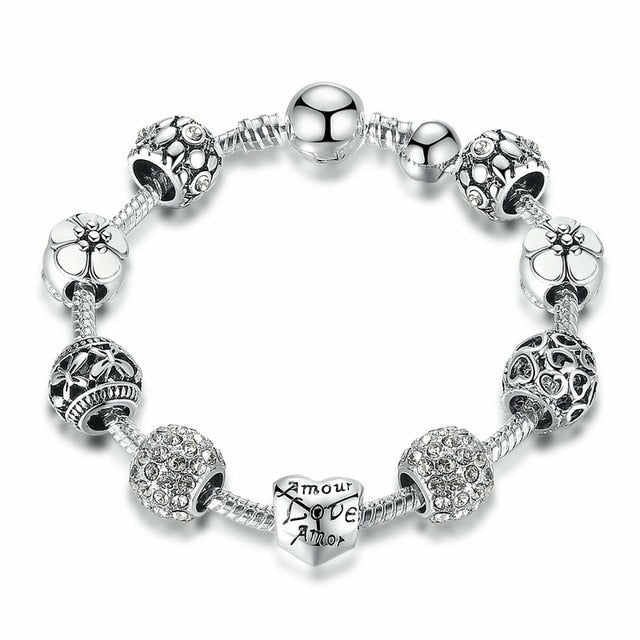 Silver Plated Charm Bracelet & Bangle Love Flower Beads Women Jewelry ...