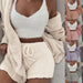 Sexy Fluffy Three Piece Plush Hooded Cardigan Coat+Shorts+Crop Top Women Casual Wear